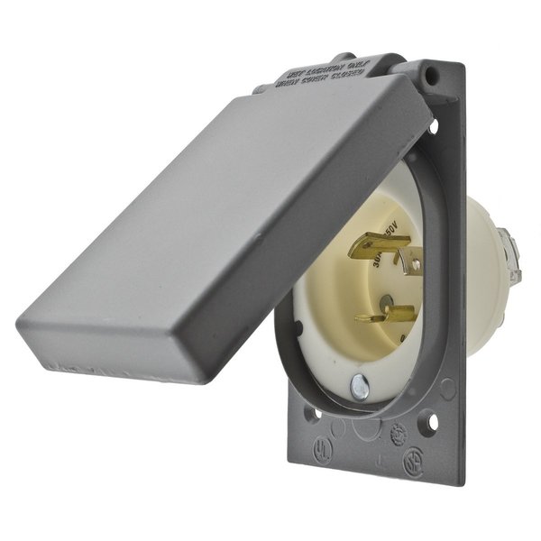 Bryant Locking Devices, Flanged Inlet, 30A 250V, 2-Pole 3-Wire Grounding, L6-30P, Screw Terminal, White 70630MBWP